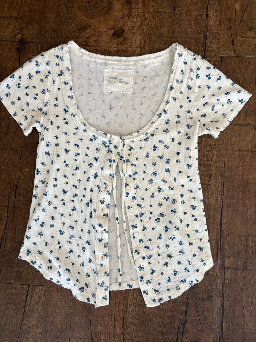 Women's Cream Floral Tie-Front Top - Blue Flower Print
